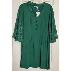 NWT Hocosit Green Blouse, Lace Short Sleeves, Buttons, V-neck, 2XL